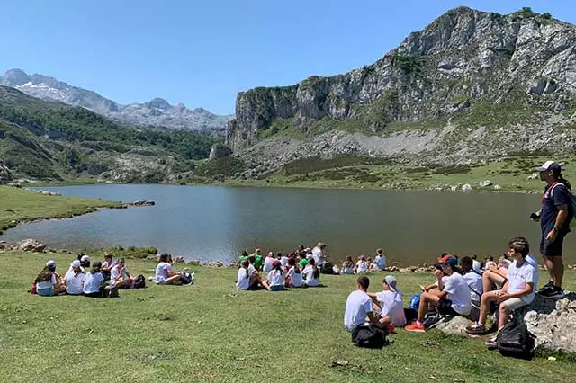 Serene view of Covadonga Lakes, nestled in the Picos de Europa, Asturias.