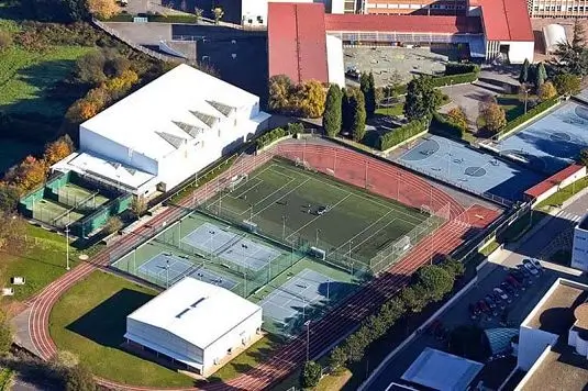 Aerial view of the sports campus, featuring athletic fields and facilities in Northern Spain.